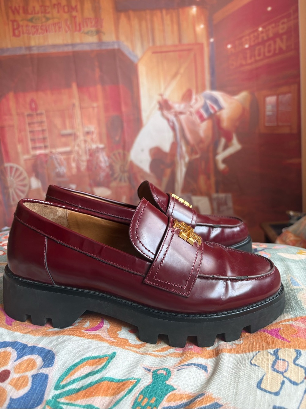 Tory Burch Burgundy Lug Sole Loafers Size 7.5